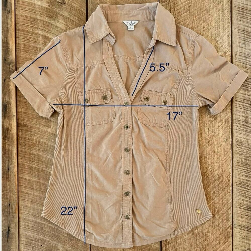 GUESS Women’s Tan Button Down V Neckline Shirt — SIZE S - Picture 8 of 9